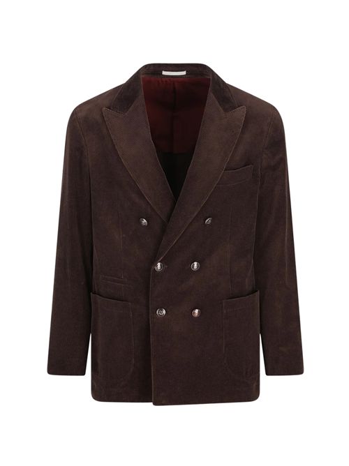 Giacca doppiopetto in velluto a costineGiacca doppiopetto da uomo in velluto a costine, Brunello Cucinelli, modello doppiopettoTessuto: velluto a costineFantasia: tinta unitaManiche: lunghe con bottoni al fondoCollo: revers classicoChiusura: doppiopetto con bottoniTasche: due tasche frontali applicate e taschino sul pettoDettagli: bottoni decorativi con logo, impunture sartorialiFoderato: sìVestibilità: regolare BRUNELLO CUCINELLI | MY4997BBD7C752